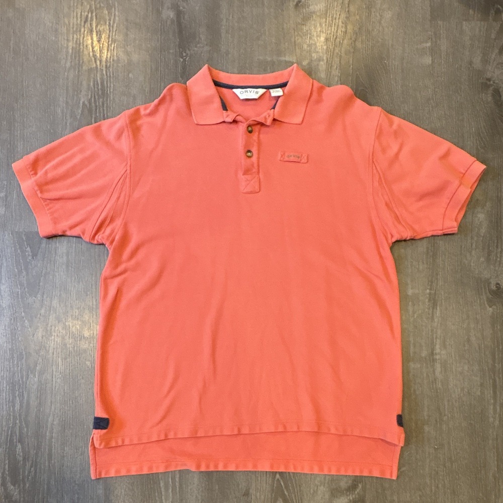 Orvis Men's L Regular Orange Cotton Knit Polo Shirt Short Sleeve Button Logo